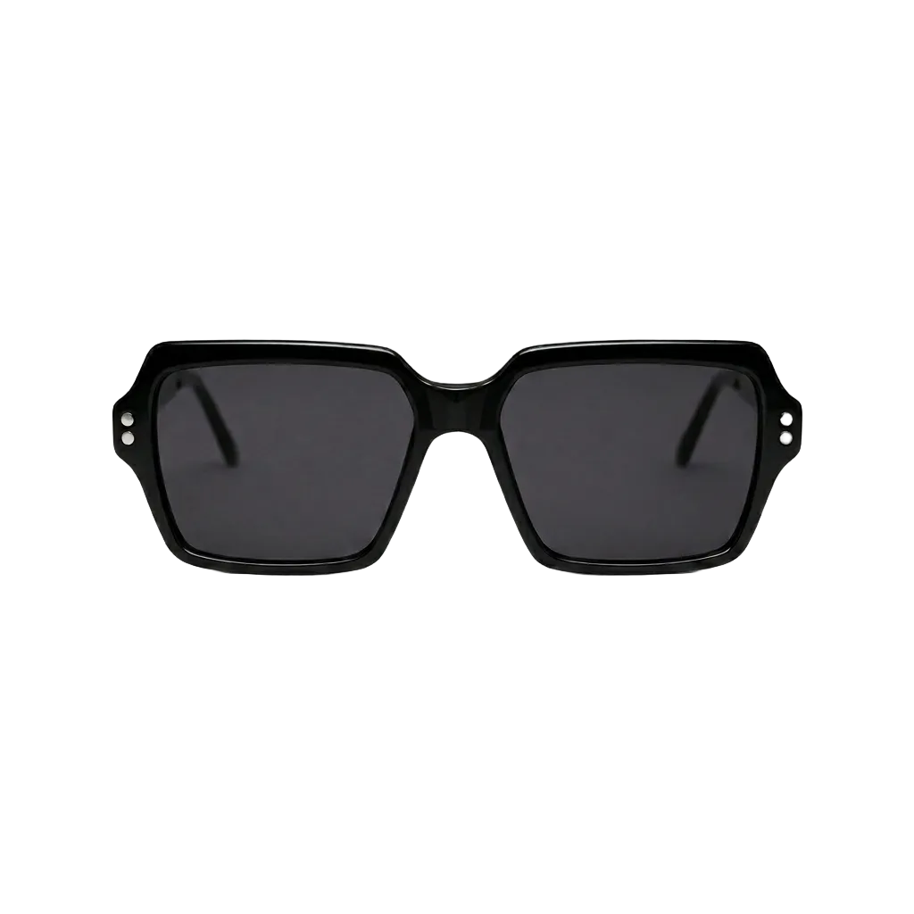 Black square sunglasses with dark lenses and small silver rivet details on the sides, shown against a plain white background.