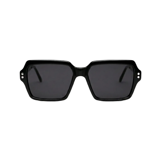 Black square sunglasses with dark lenses and small silver rivet details on the sides, shown against a plain white background.