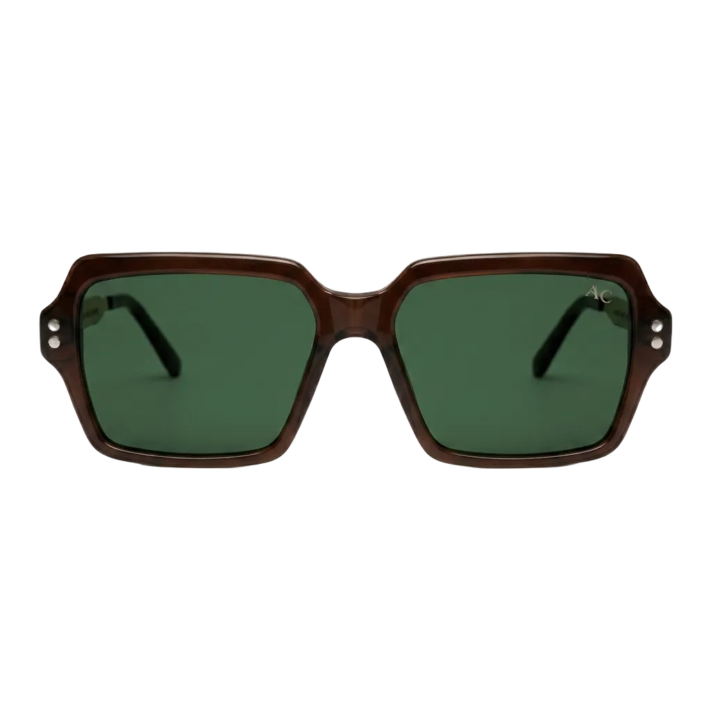 Square sunglasses with a dark brown translucent acetate frame and dark green lenses, shown from the front on a light gray background.