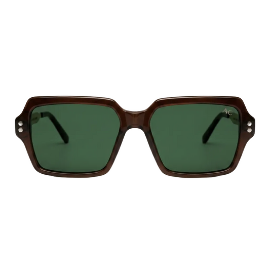 Square sunglasses with a dark brown translucent acetate frame and dark green lenses, shown from the front on a light gray background.