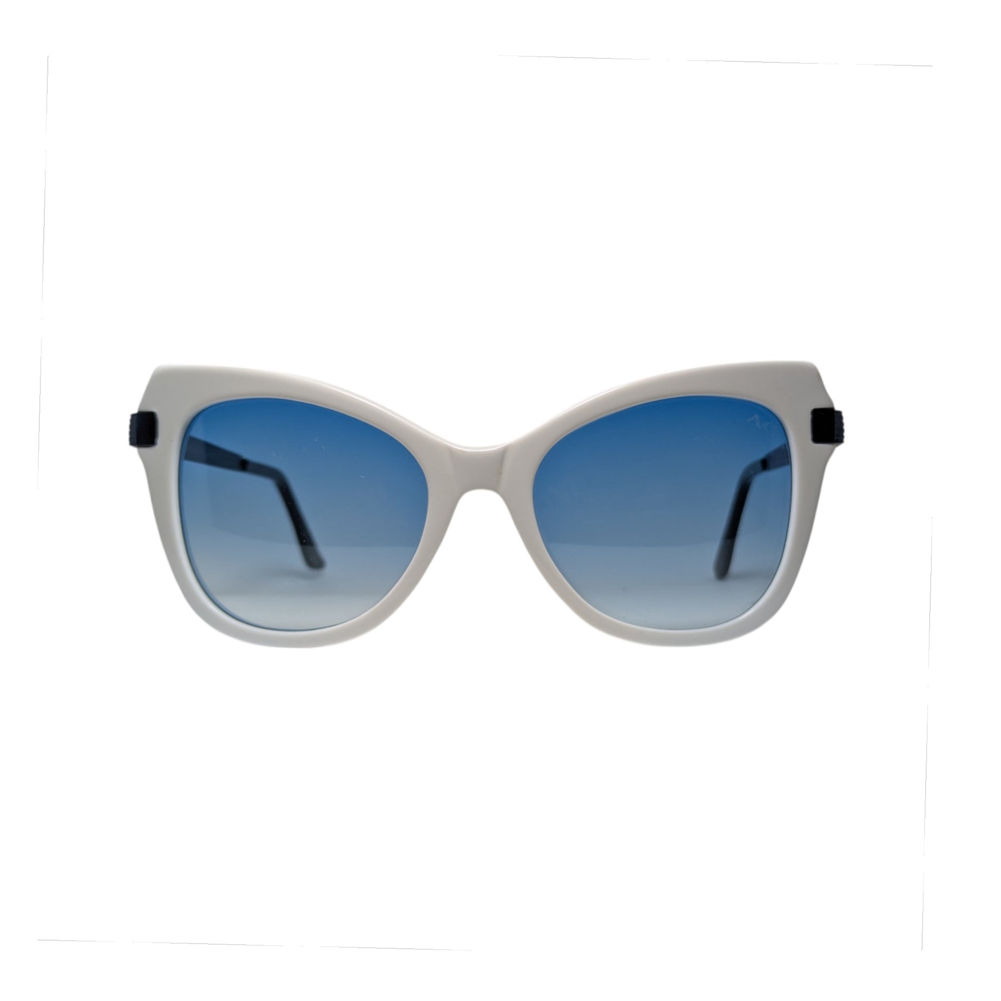 White cat-eye acetate sunglasses with blue lenses — women's Mora frame