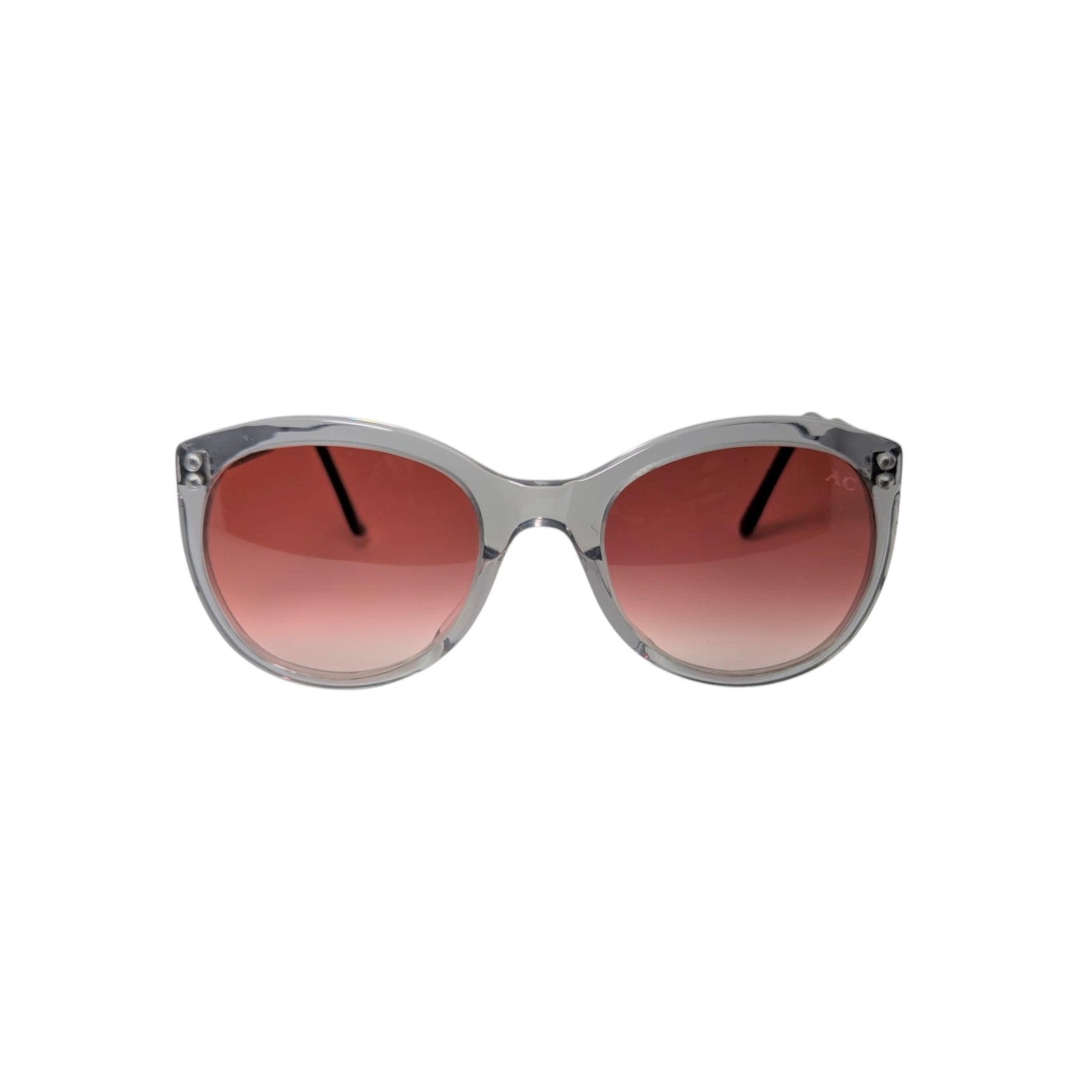 Transparent light grey round acetate sunglasses with burgundy accents — women's Barca frame